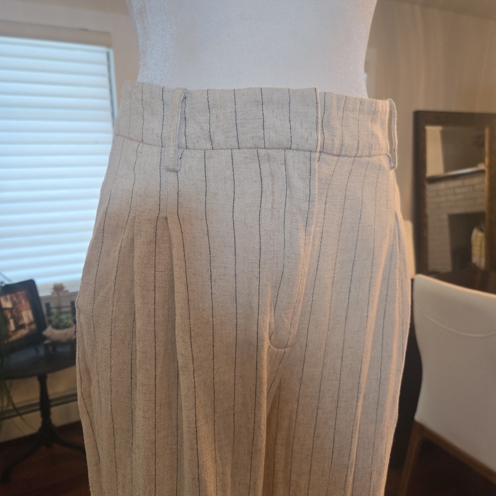 Avec Les Filles Womens Linen Pin Striped Blazer & Trouser Suit Set Beige Small - Picture 8 of 12